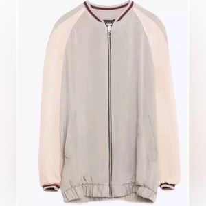 Zara woman silk zip up bomber jacket pink gray medium